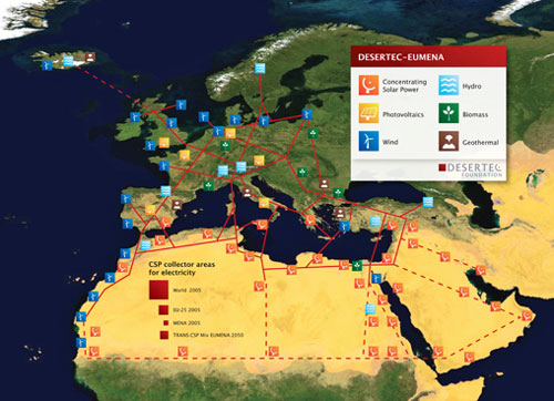 Mapa de la estructura de la red del proyecto Desertec. Foto: TRANS, Trans-Mediterranean Renewable Energy Cooperation