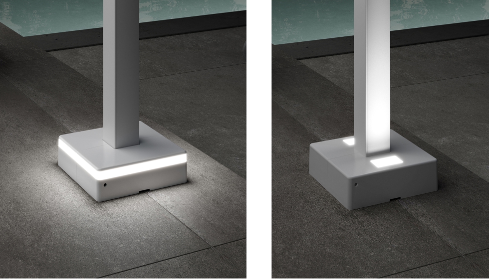 'Pergola style' permite incorporar luces LED en las guías laterales, en el cofre, en las columnas e, incluso, en las cobertura de las patas...