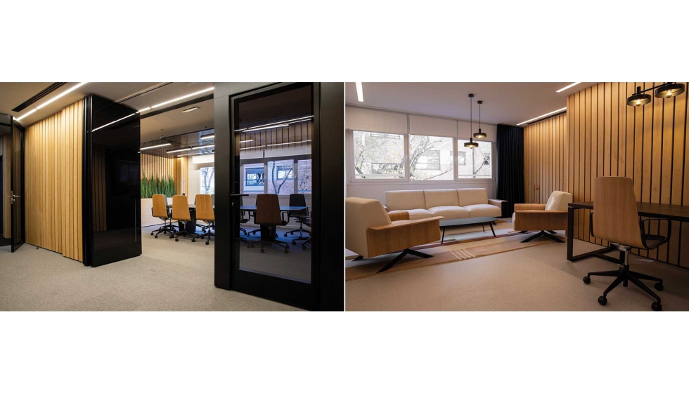 Detalle de la sala del consejo y el lobby que destacan por el uso de listones de madera, para crear un diseo natural y confortable...