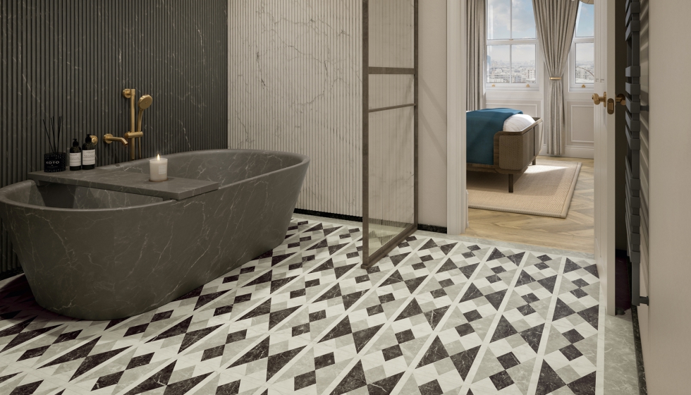 DC617 Temple Diamond con Grigio Classic Marble, Onyx Marble, Nero Classic Marble, y Kirby Oak (fondo)