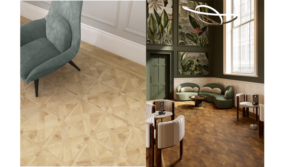 DC607 Teasel Akari Lattice Large con Trevellas Oak y DC613 Hemlock Venetian Parquet con Chargot Oak