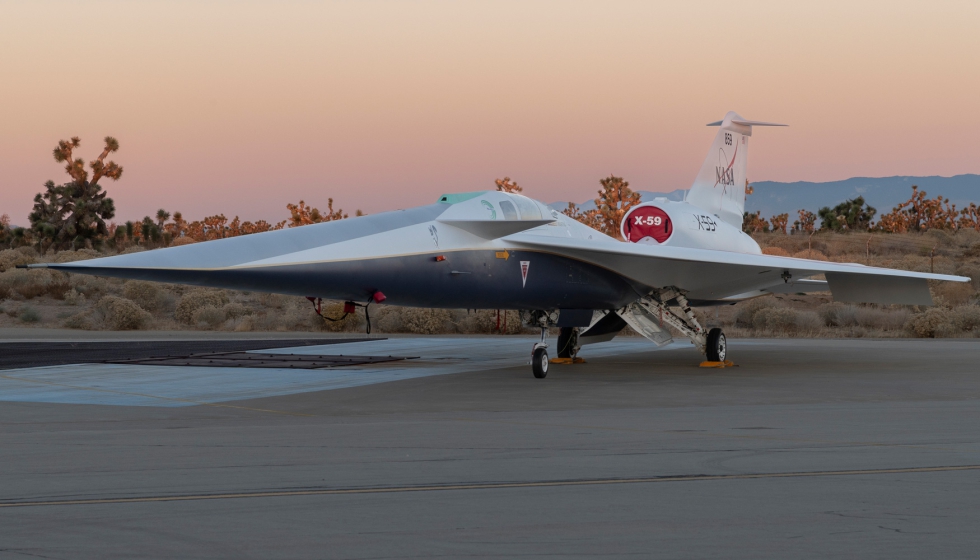 El avin supersnico silencioso de investigacin X-59 de la NASA, en las instalaciones Skunk Works de Lockheed Martin en Palmdale, California...