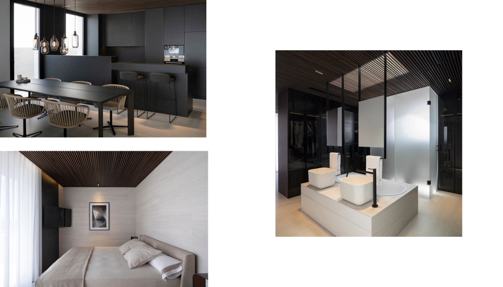 Imagen del interior: cocina, dormitorio y bao, donde se juega con el contraste blanco y negro