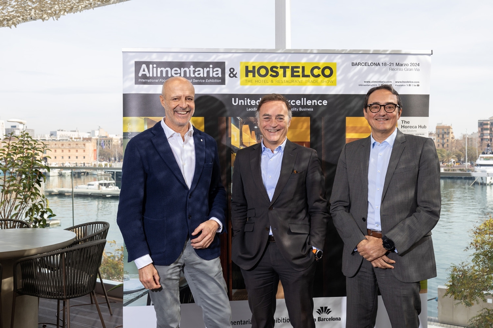 Antoni Llorens, presidente de Alimentaria, J. Antonio Valls, director general de Alimentaria Exhibitions, y Pere Taberner, presidente de Hostelco...