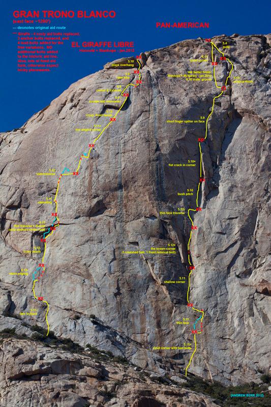 Las dos vas de Honnold y compaa en la cara Este del Gran Trono Blanco; a la izquierda Giraffe y a la derecha Pan-American (FOTO...