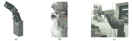 Fig.9 El nuevo dedo antropomrfico: a) un esquema CAD; b) un prototipo que ha sido construido en el LARM; c) aplicacin con robot PUMA 562...