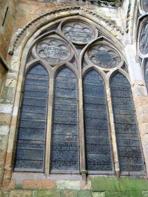 External side of a medieval stained glass window in the Cathedral of Len