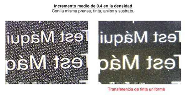 A la izquierda, plancha digital Flexo LAM con textura convencional. A la derecha, plancha Flexcel NX con textura DigiCap NX...