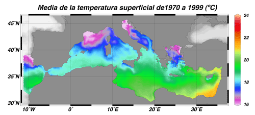 Figura 4. Media de la temperatura superficial del mar de 1970 a 1999 (en C)