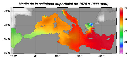 Figura 5. Media de la salinidad superficial del mar de 1970 a 1999 (en psu)