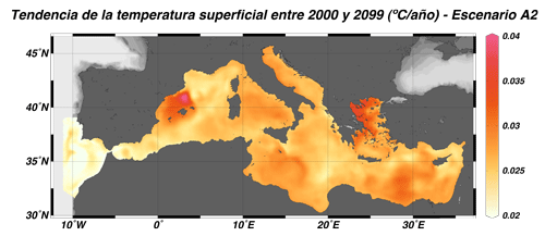 Figura 6. Tendencia estimada de la temperatura superficial del mar durante el siglo XXI - Escenario A2