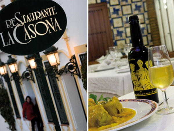 A la izquierda, vista exterior del restaurante La Casona, en Aguilar de la Frontera; y a la derecha, un plato servido en el restaurante Las Camachas...