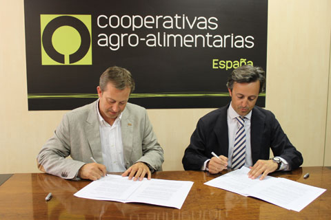 Los presidentes de Cooperativas agro-alimentarias, Fernando Marcn (izq.), y Carlos lvarez (der.), durante la firma del acuerdo...