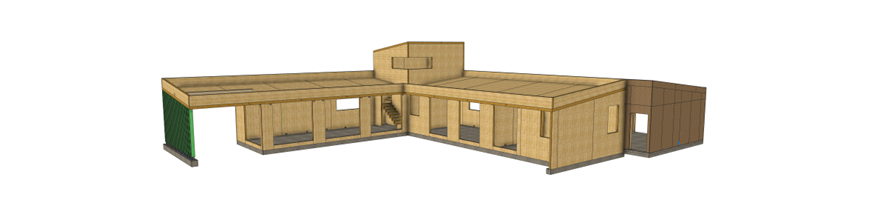 Modelo 3D de la vivienda desarrollado en Cadwork por Escuadra, con las geometras preparadas para su exportacin a CNC...