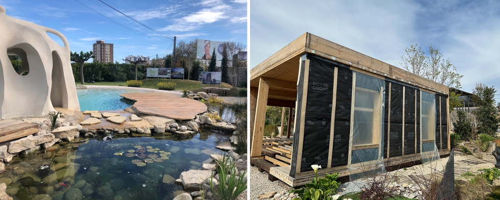 La casa de madera es uno de los edificios protagonistas de Construmat 2024 (izquierda); La espectacular biopiscina...