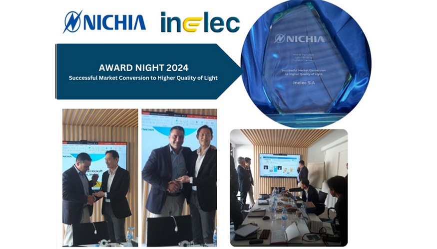 Javier Snchez, director general de Inelec, fue el encargado de recoger este galardn de mano de Hitoshi Asakawa, General Manager de Nichia...