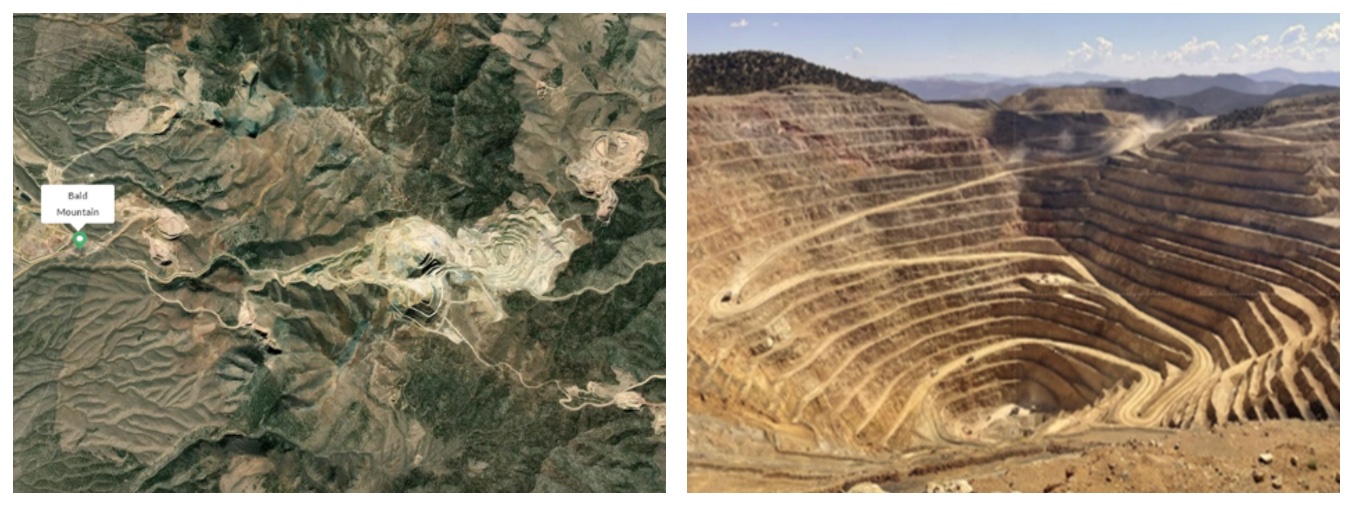 Figura 8.- Vista superior de la mina de oro Bald Mountain (Google 2024) (izquierda) y vista general del pozo superior (derecha)...