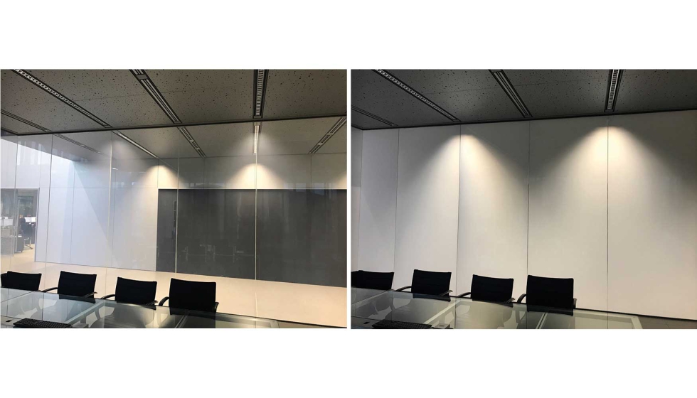 Vidros laminados com PDLC. Permitem mudar de transparente para translcido