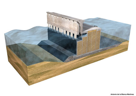 Imagen tridimensional de la seccin del dique, donde se observa el paso del agua por las ventanas. Foto: Autoridad Portuaria de Castelln...