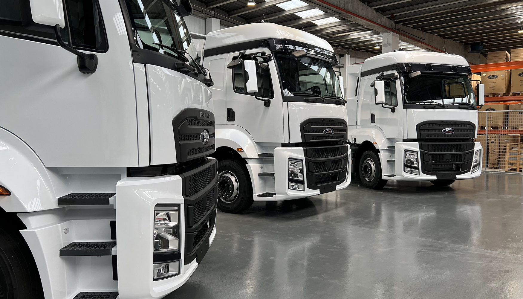 Camiones de la nueva F-Line en exposicin en las instalaciones de Ford Trucks Espaa en Coslada (Madrid)