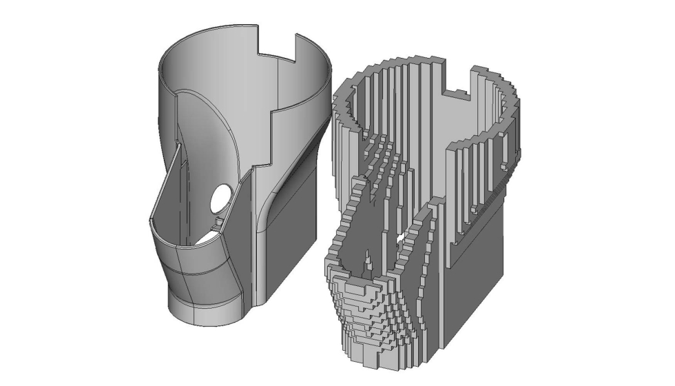Modelo CAD exacto (izquierda) y enfoque voxelizado (derecha), que garantiza un anidamiento rpido y eficaz. Foto: CoreTechnologie GmbH...
