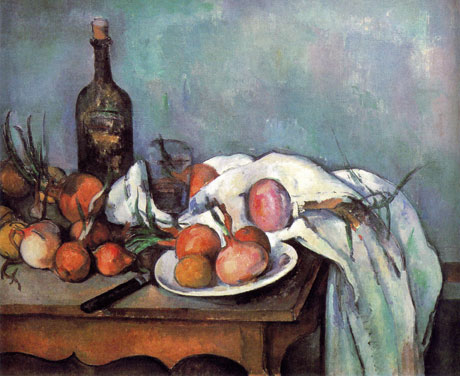 Cebollas y botella (hacia 1896). leo sobre lienzo, 66 x 81 cm. Muse dOrsay (Pars). Autor: Paul Czanne