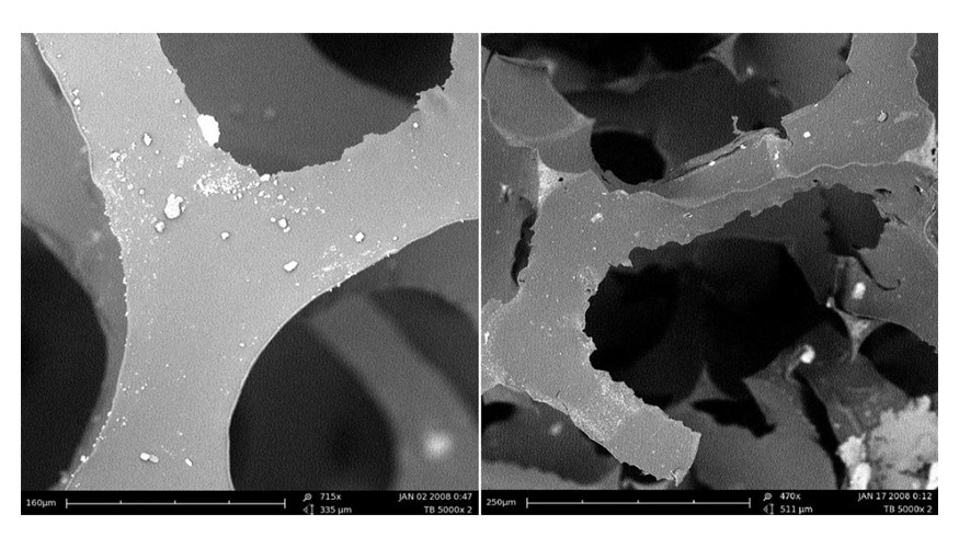 Micrografas SEM de espuma de poliuretano control (izquierda) y espuma poliuretano degradada biolgicamente (derecha)