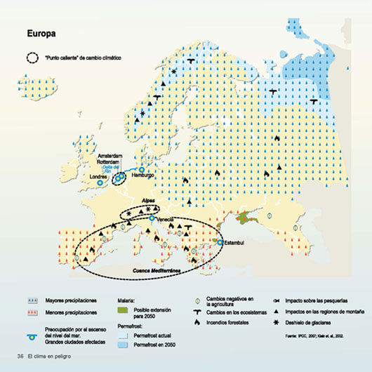Consecuencias del cambio climtico en Europa. Fuente: IPCC, 2007; Klein et al., 2002. Imagen extrada de la publicacin El Clima en peligro...