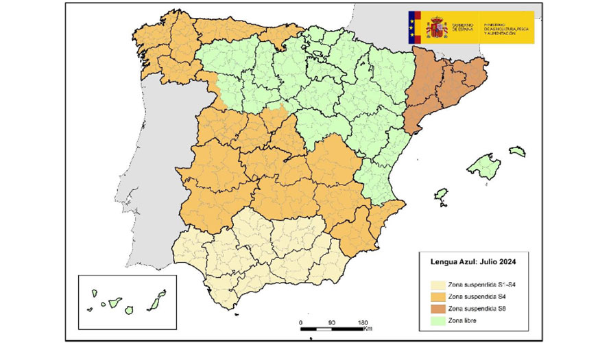 Mapa de las zonas de restriccin de lengua azul en julio de 2024