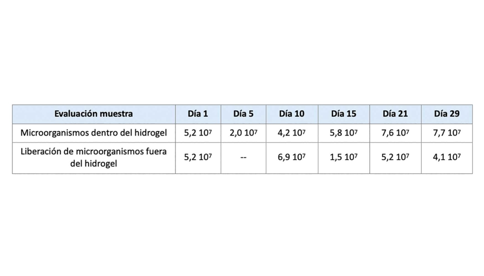 Tabla 1. Resultados de liberacin sostenida de microorganismos en hidrogeles (UFC/ml)