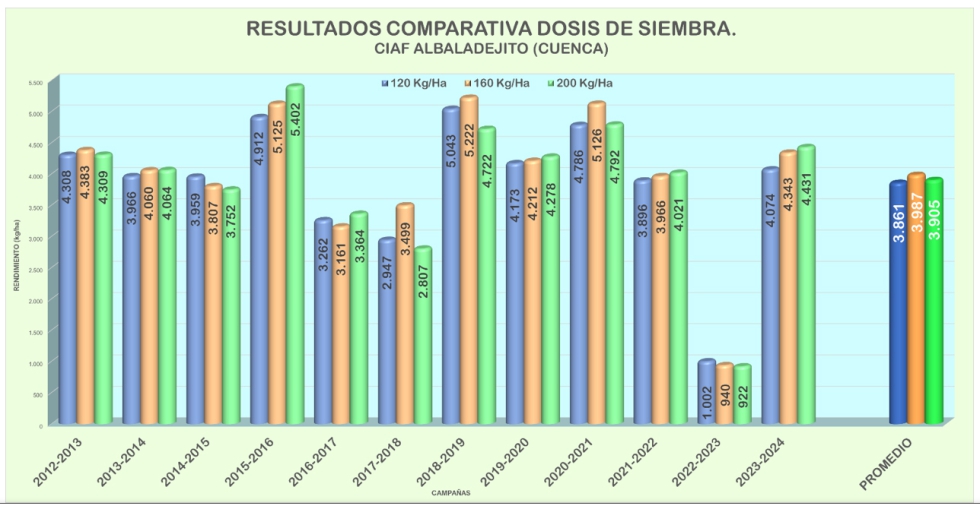 Grfica 1. Resultados del ensayo de dosis de siembra en CIAF Albaladejito. Campaas 2012 a 2024