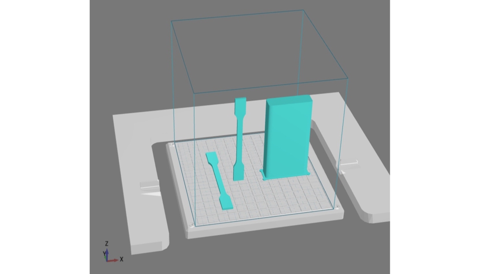 Estructura de los ensayos con Voxelfill: geometras de barra de traccin para determinar la resistencia XY y la resistencia Z. Foto: AIM3D...