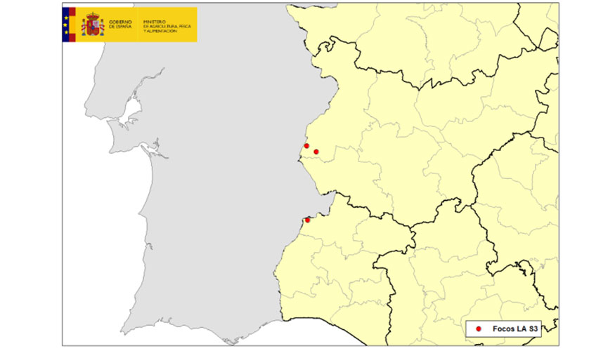 Mapa con la localizacin de los focos del serotipo 3 de la lengua azul en las provincias de Huelva y Badajoz