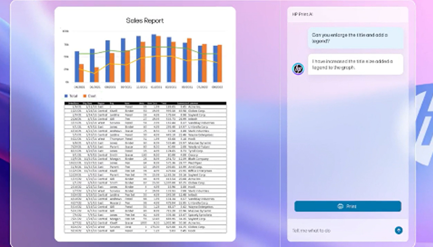 Hoja de clculo y grfico reformateados correctamente con HP Print AI