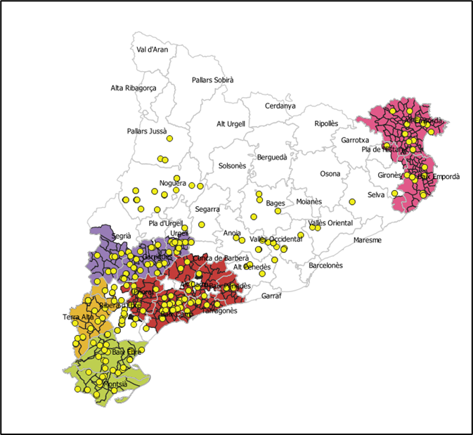 Figura 1.- Almazaras existentes en Catalua en el ao 2019. Fuente: DARP Indstries