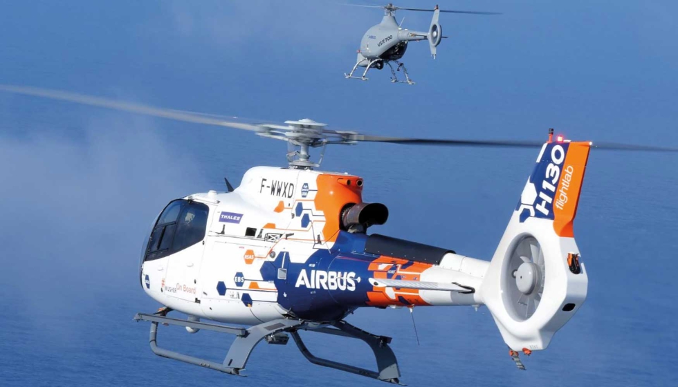 Airbus despleg el H130 FlightLab como plataforma tripulada y el sistema areo no tripulado (UAS) VSR700 en un campo de pruebas de la DGA...