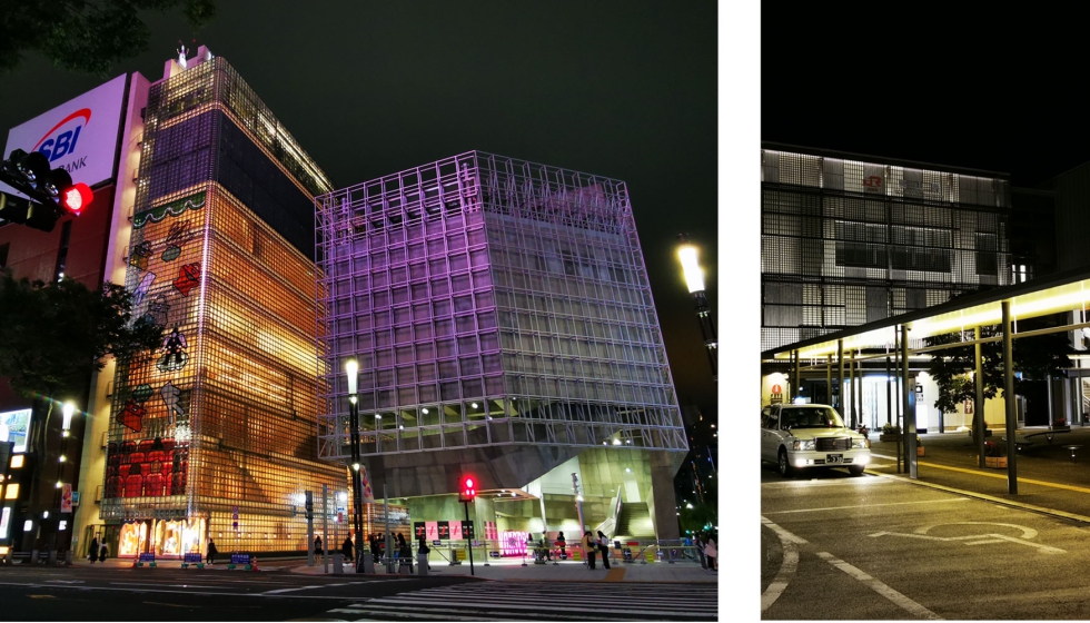 A la derecha visi�n nocturna de la estaci�n de trenes de Takayama; y a la izquierda visi�n nocturna del exterior de los edificios de Hermes y Sony en...