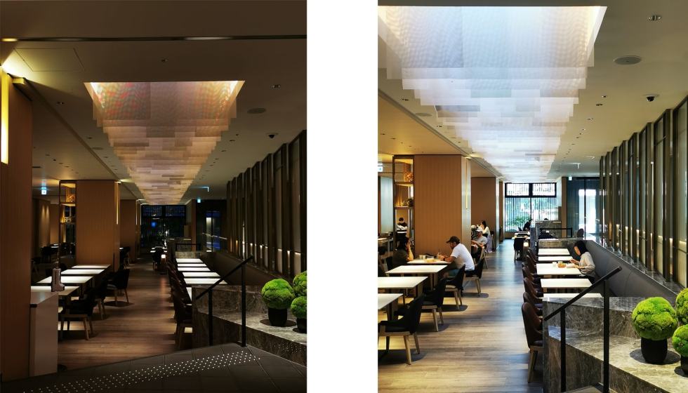 Visiones nocturna y diurna del interior del hotel Hyatt Place Kyoto. Iluminaci�n puntual sin deslumbramiento sobre mesas y objetos ornamentales...