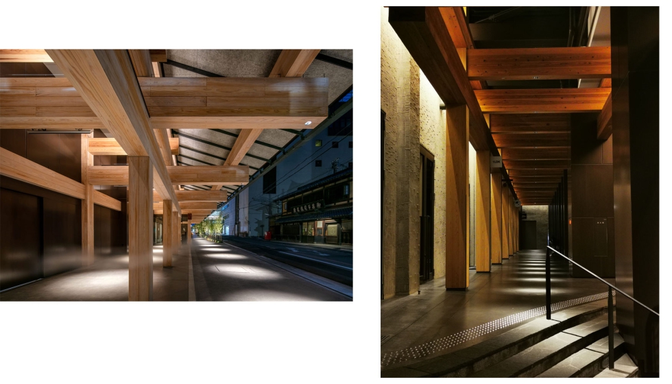 Exterior del Hotel ACE Kyoto, dise�ado por Kengo Kuma. Mezcla de iluminaci�n difusa y puntual en relaci�n con los materiales...