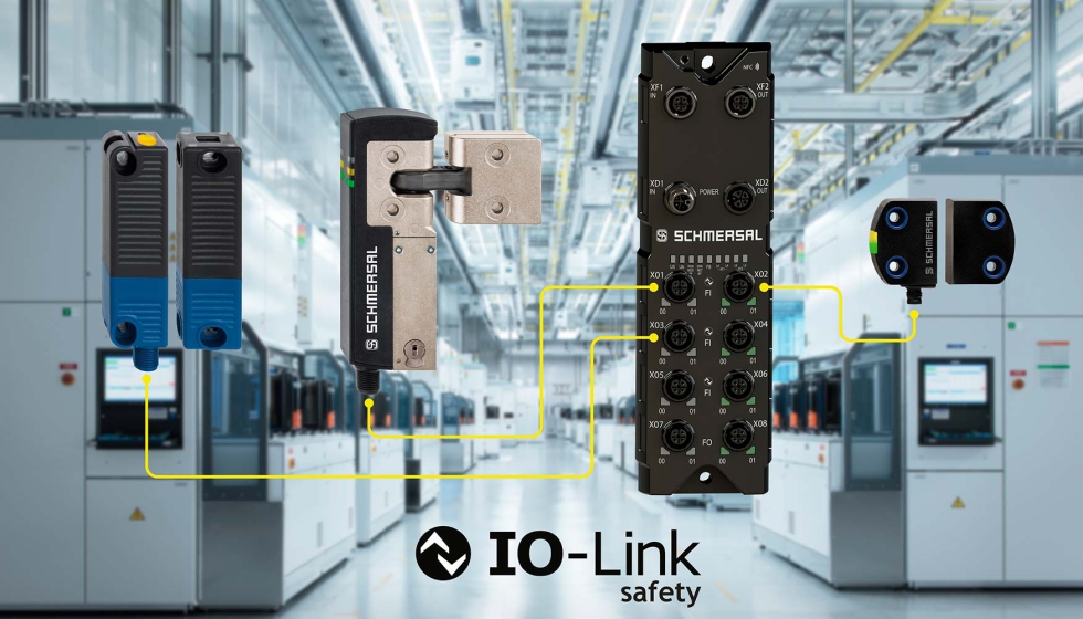 El sistema de instalacin de seguridad IO-Link de Schmersal con (de izquierda a derecha) el sensor de seguridad RSS362...