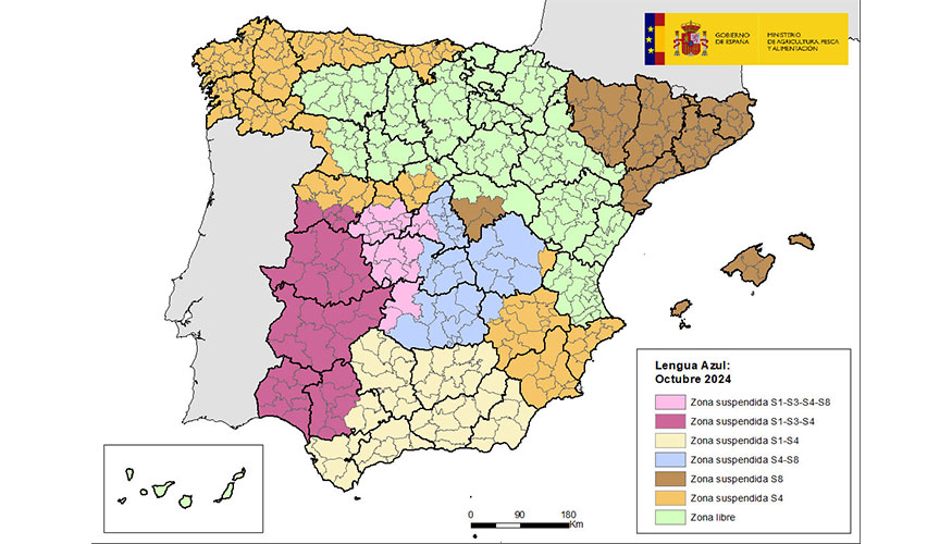 Mapa de distribucin de zonas de la lengua azul en Espaa