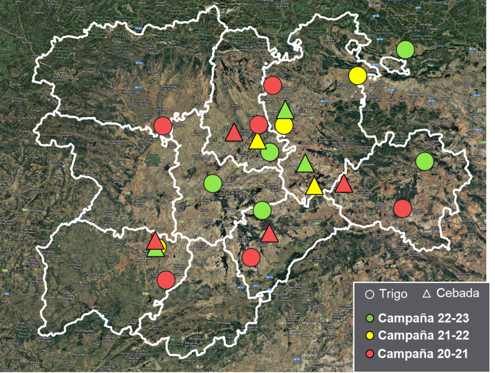 Figura 1. Mapa de los 23 ensayos on-farm ejecutados en cereal en condiciones de secano en Castilla y Len