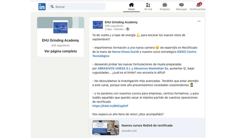 Figura 4. Linkedin de EHU Grinding Academy