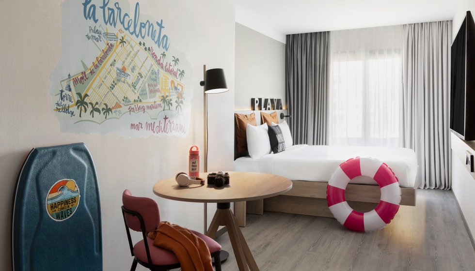 Una de las habitaciones del Moxy Barcelona