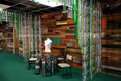 Central offices of TerraCycle in Trenton with curtains elaborated with bottles of shampoo