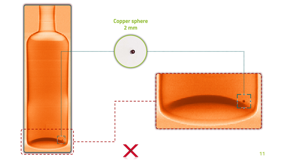 Nesta imagem, o sistema de inspeo XSpectra deteta uma esfera de cobre de apenas 2mm no interior de uma garrafa de vidro...