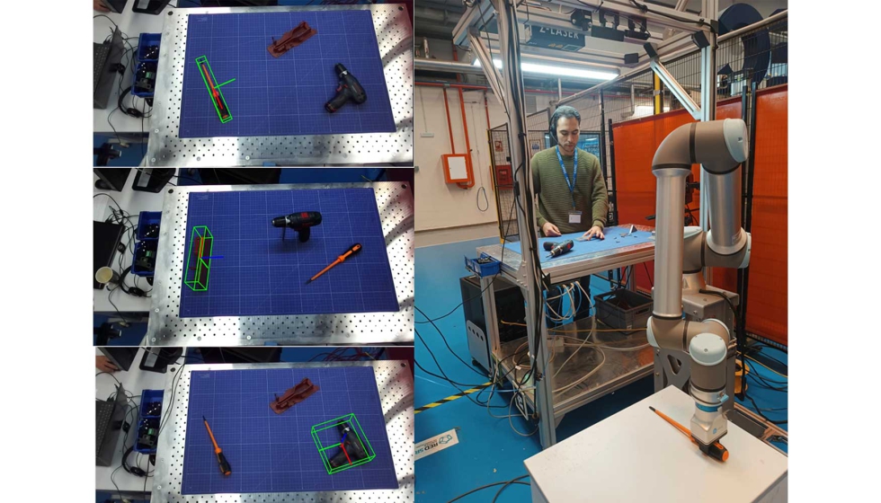 Figura 1: Entorno de experimentacin robtico. Robot colaborativo reconociendo con una simple cmara RGB diferentes piezas y herramientas...