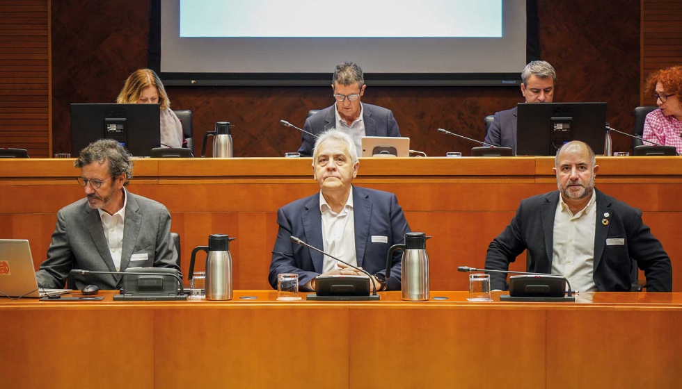 Joan Forrellad, Juan Jos Alba y Josep Mara Valls, miembros de la Junta Directiva de AESVi, durante la comparecencia en las Cortes de Aragn...