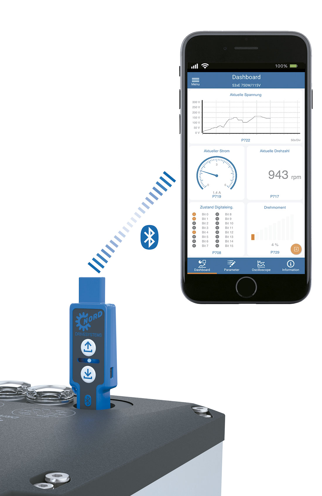 La Nordcon APP para dispositivos mviles permite establecer una conexin 1:1 inalmbrica a travs de Bluetooth stick Nordac Access BT...