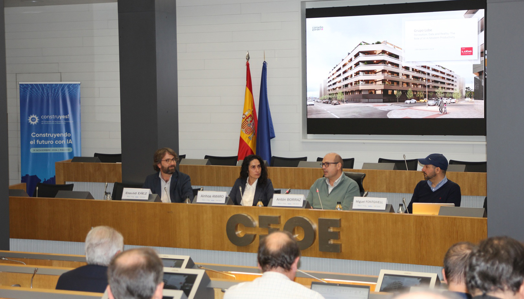 De izquierda a derecha: David Dez (ITA), Ainhoa Amaro (Evocons), Antn Borraz (Grupo Lobe) y Miguel Fontgivell (Saco Technologies Espaa)...